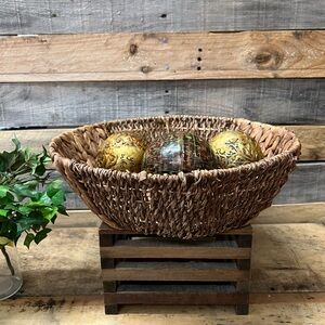 Wicker Woven Basket with Metal Rim and Base
